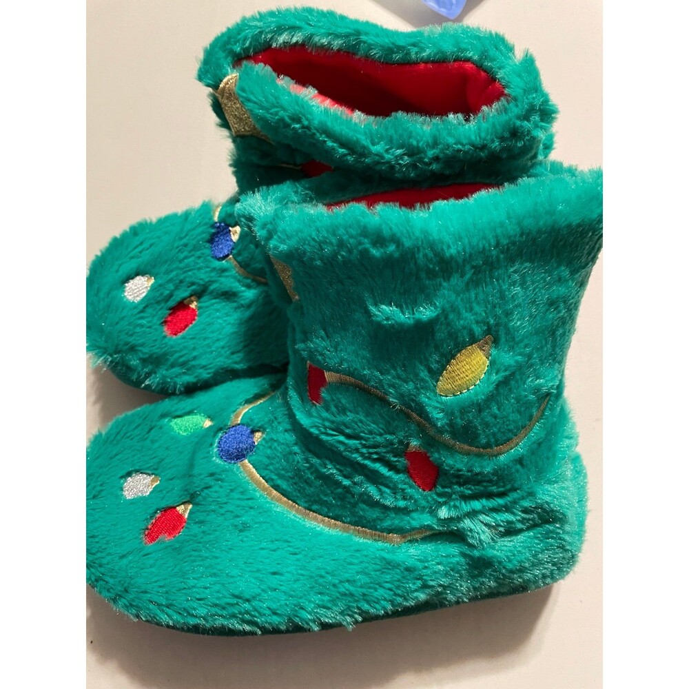 Cat & Jack Size L 4/5 Kids' Green Plush Christmas Tree Bootie Slippers NWT